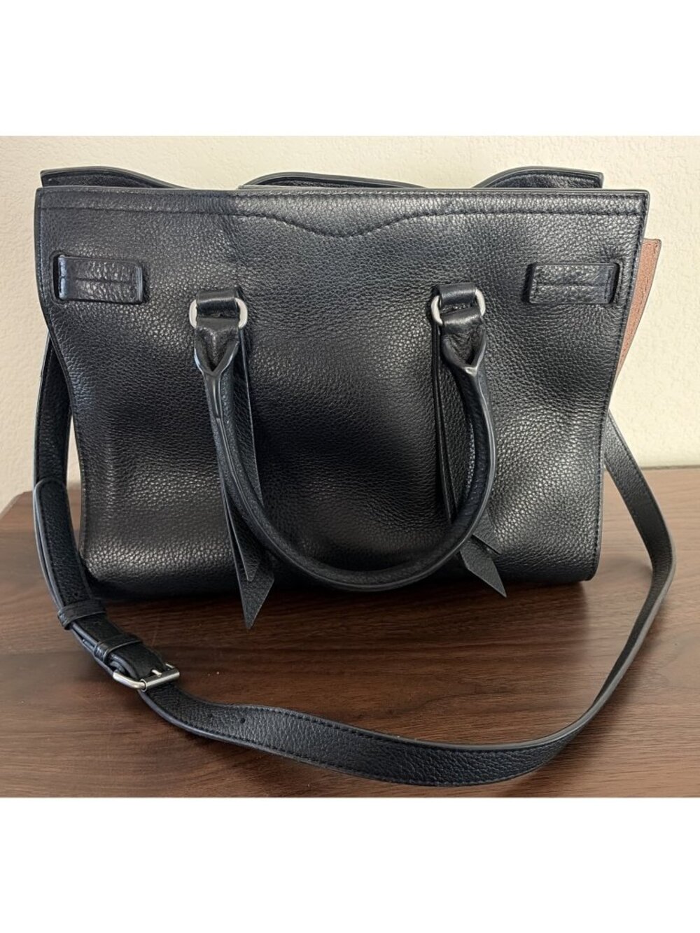 Rebecca Minkoff Regan Black Pebbled Leather Satchel Handbag Silver Hardware